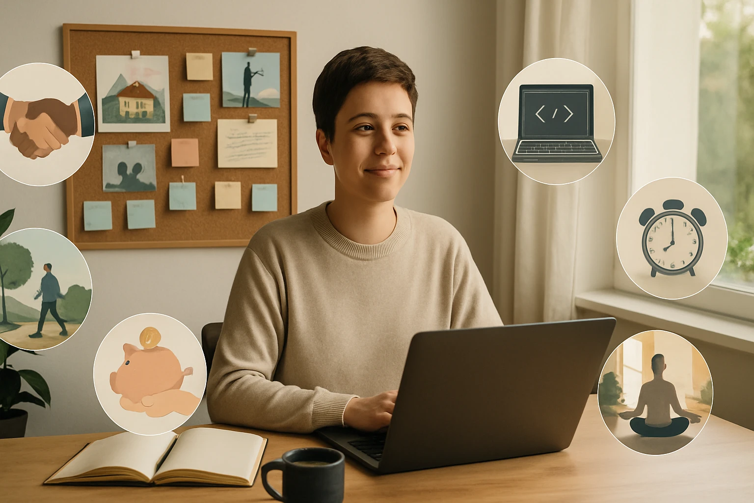 Mladá žena pracuje na laptopu, okolo sú ikony symbolizujúce rôzne aktivity.