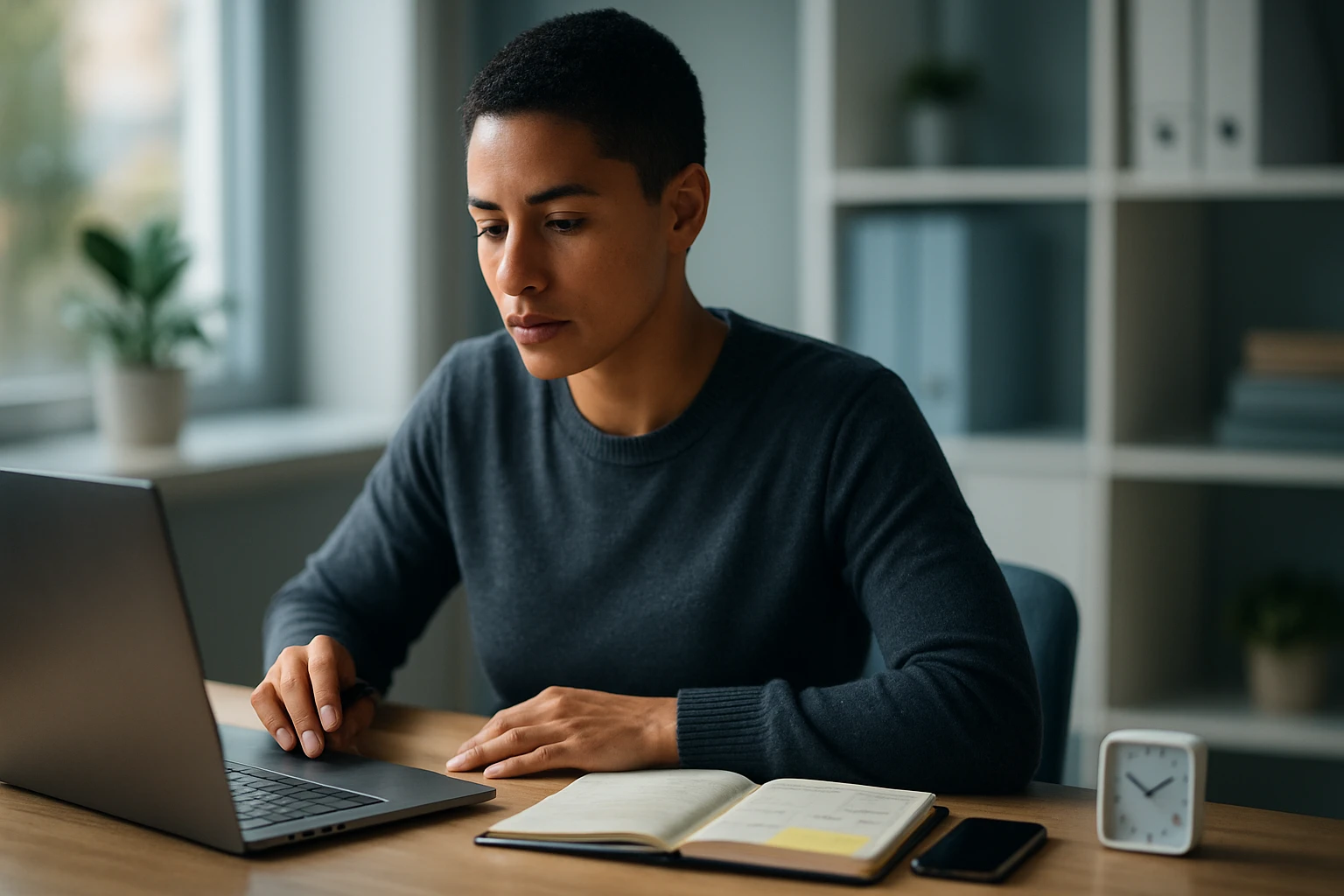 Mladý muž pracuje na laptopu, pred ním je otvorený zápisník a hodiny.