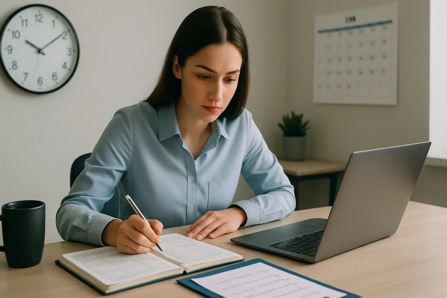Mladá žena sedí za stolom, píše do zápisníka a pracuje na laptopu.