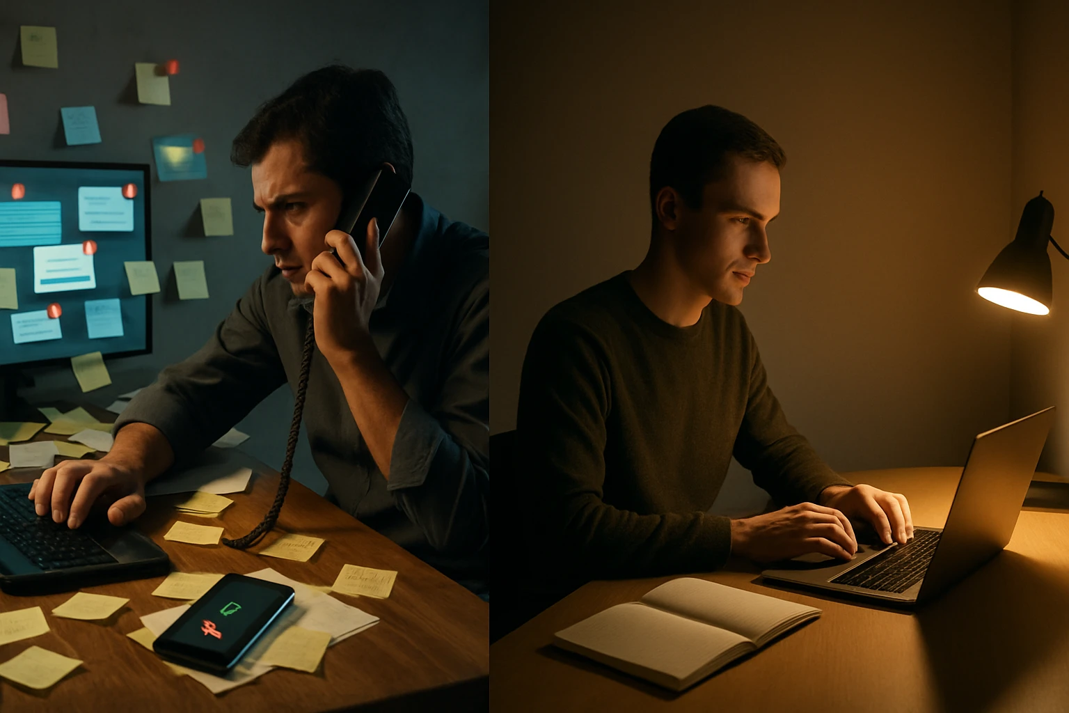 Muži pracujúci na počítači a telefonujúci, obklopení poznámkovými lístkami.