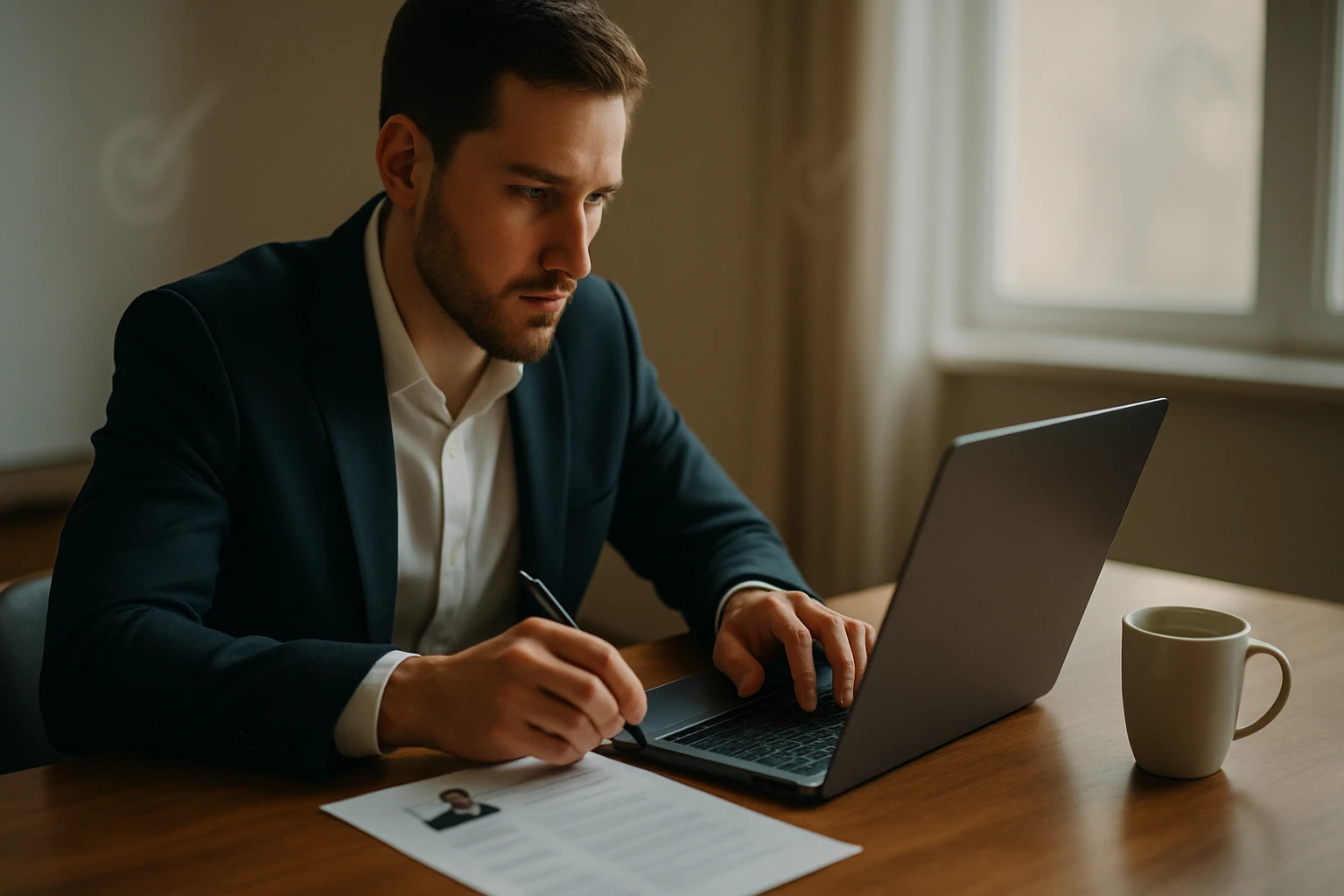 Muž v obleku pracuje na laptopu, pred ním je dokument a šálka kávy.