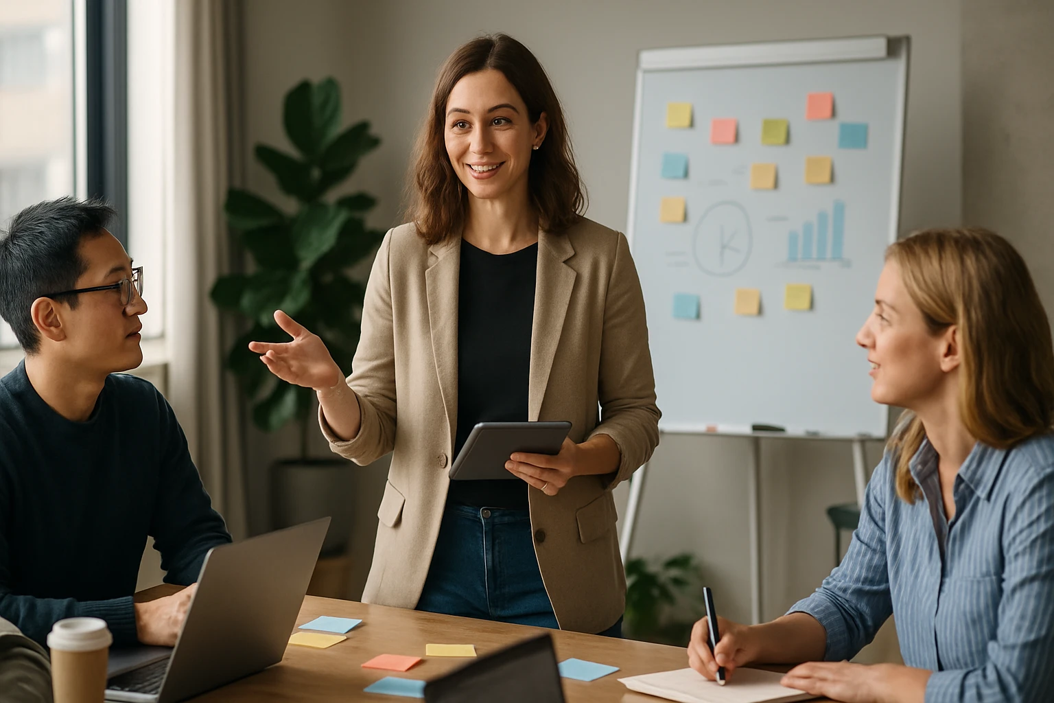 Žena v saku prezentuje pred skupinou kolegov v kancelárii.