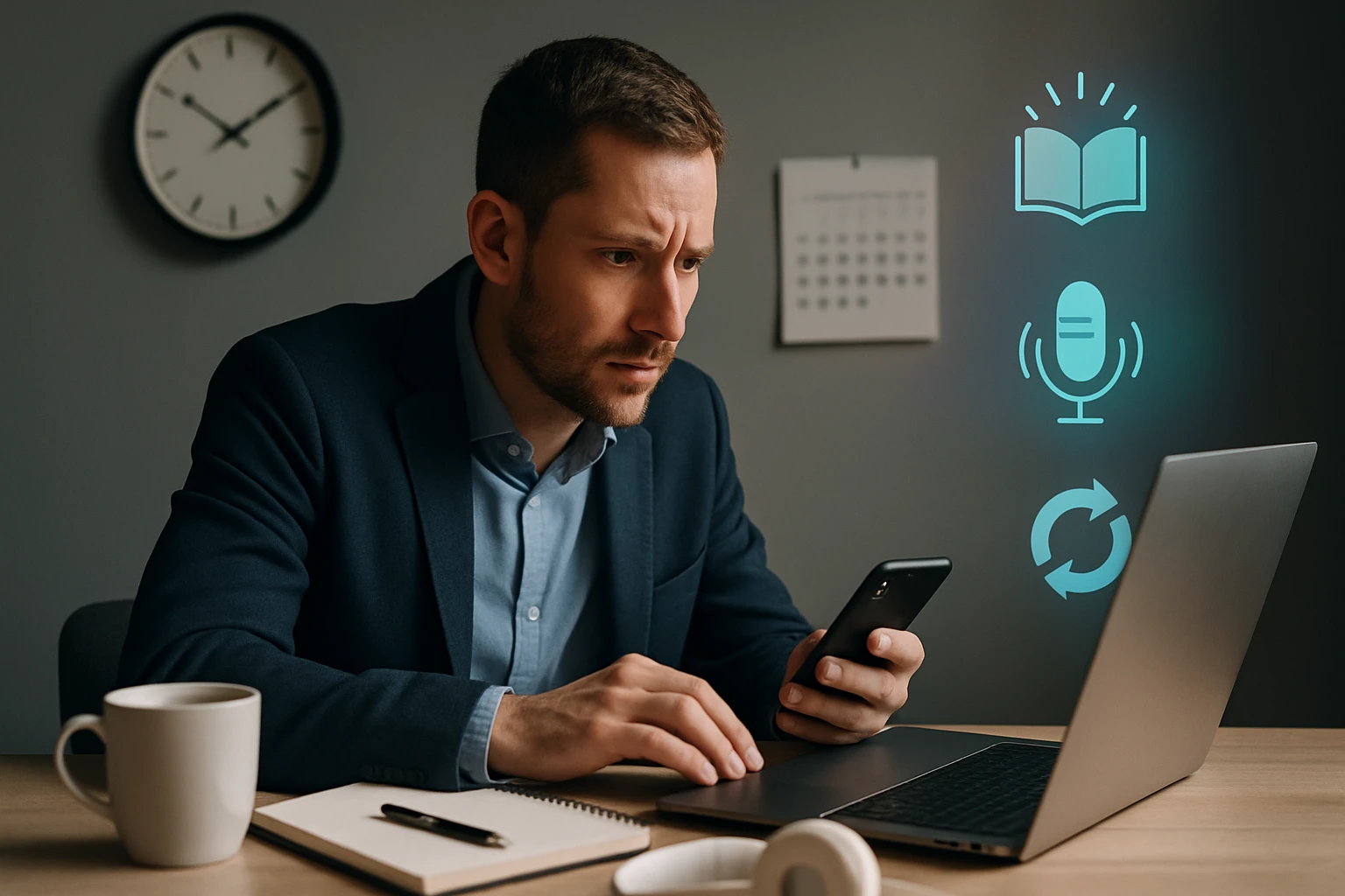 Muž v obleku pracuje na laptopu a kontroluje mobilný telefón.