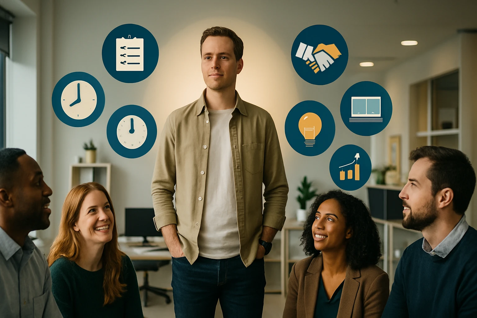 Skupina ľudí diskutuje v kancelárii, muž stojí v strede s ikonami okolo neho.