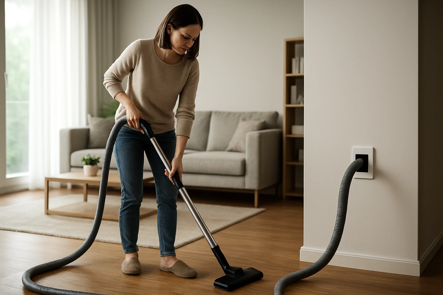 Žena vysáva podlahu v obývacej izbe s moderným nábytkom.