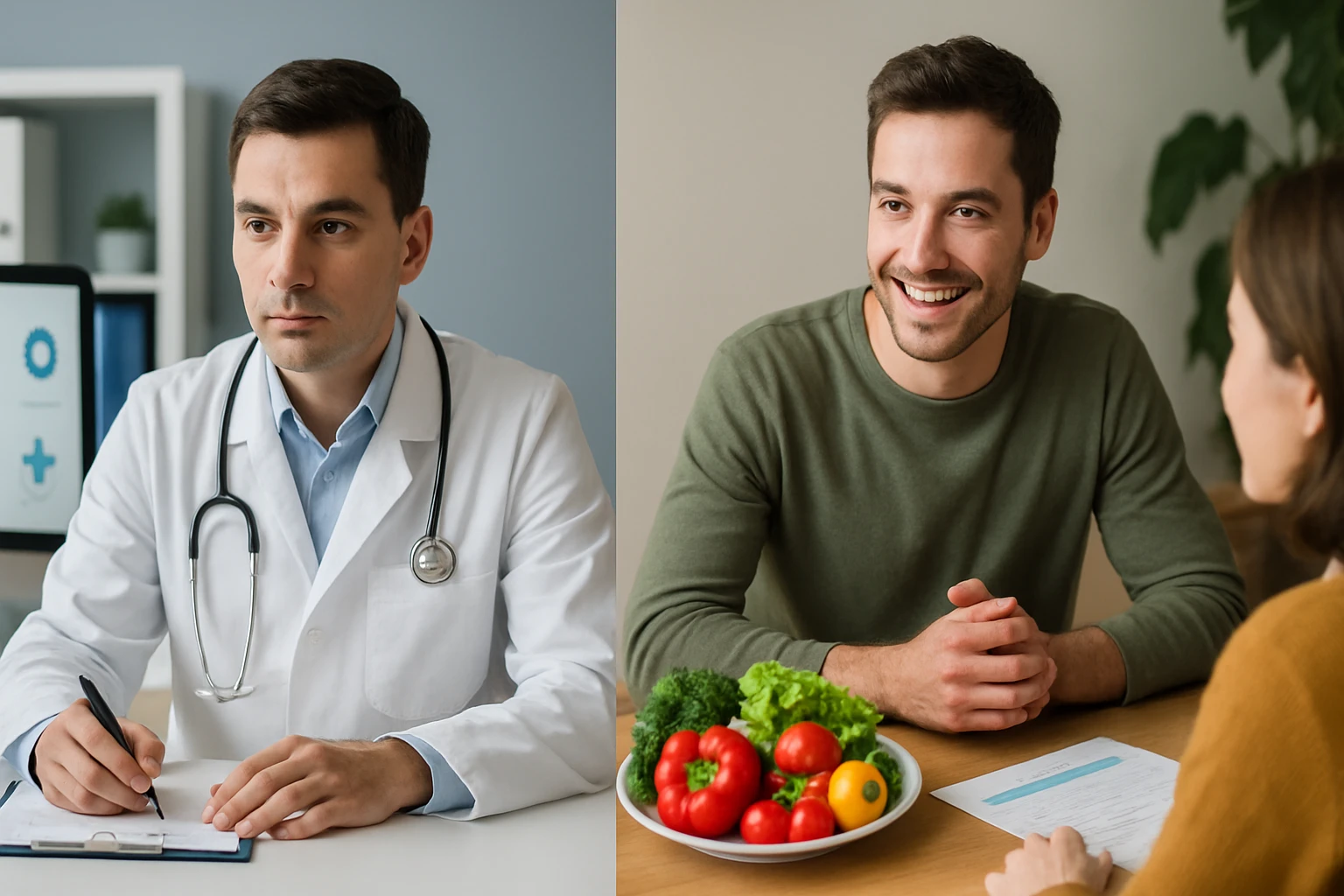 Lekár a pacient beszélgetnek az egészséges táplálkozásról, zöldségekkel.