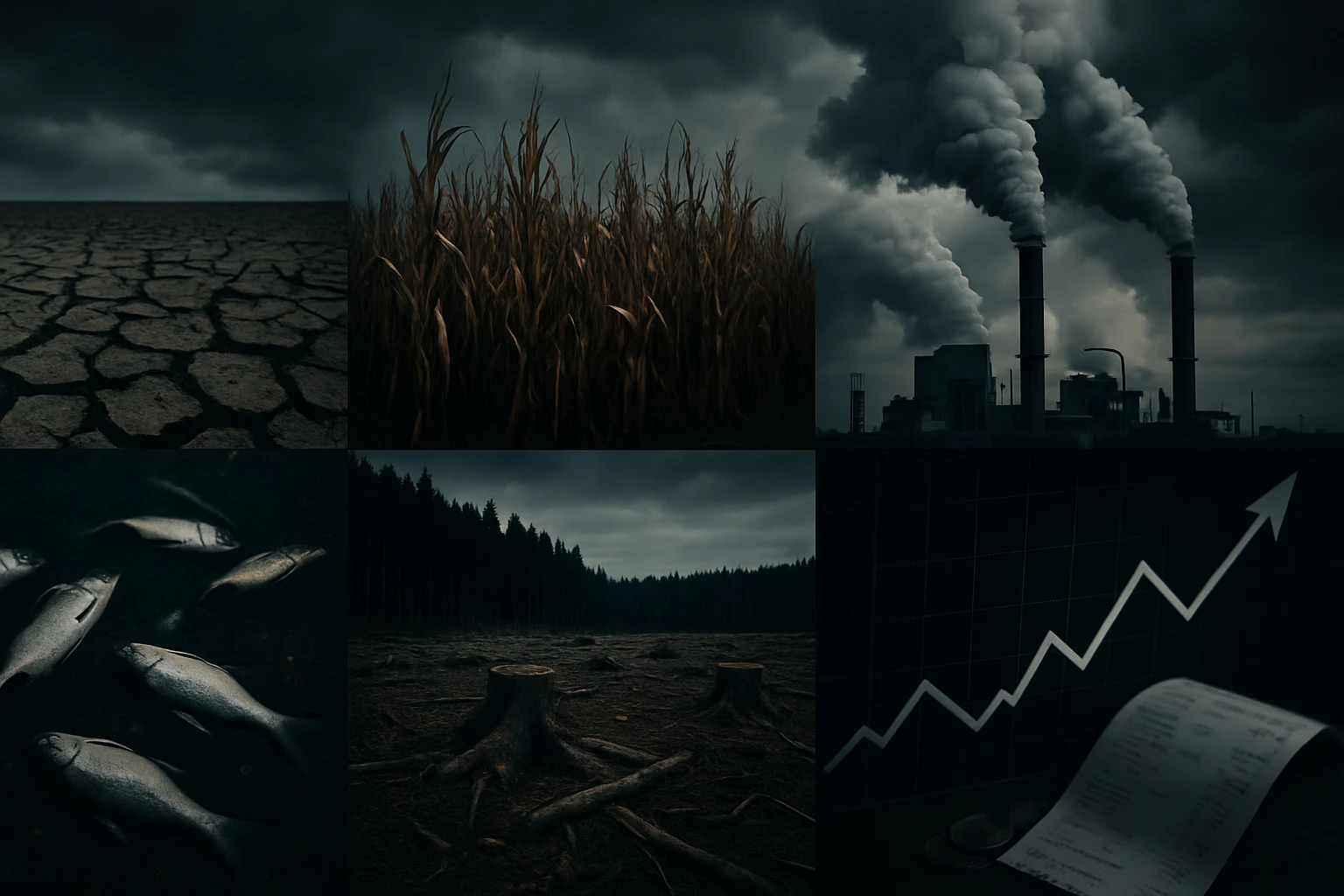 Zem s prasklinami, uschnutá kukurica, znečistené ovzdušie a mŕtve ryby.