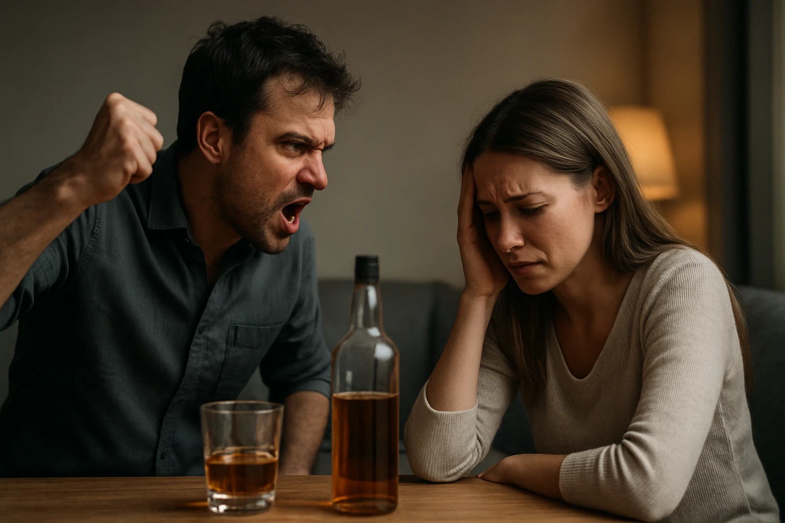 Muž kričí na ženu, ktorá si zakrýva hlavu, na stole je fľaša alkoholu.