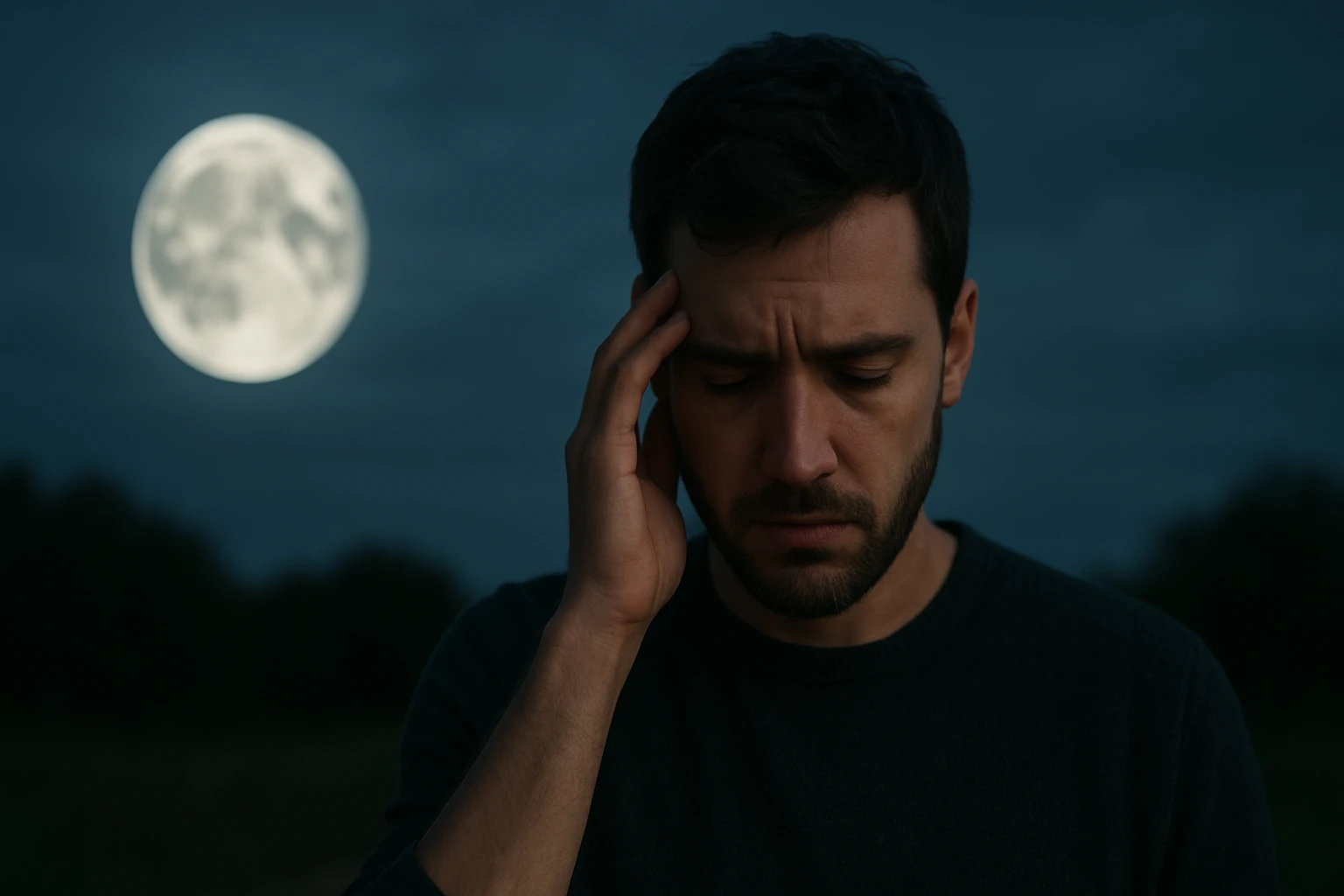 Muž s bolestivým výrazom na tvári, držiaci si hlavu, s mesiacom na pozadí.