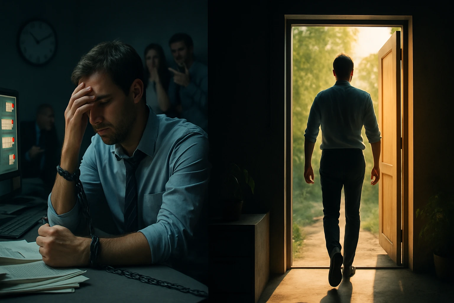 Muž sedí za počítačom, vyzerá frustrovane, s reťazami na zápästí.