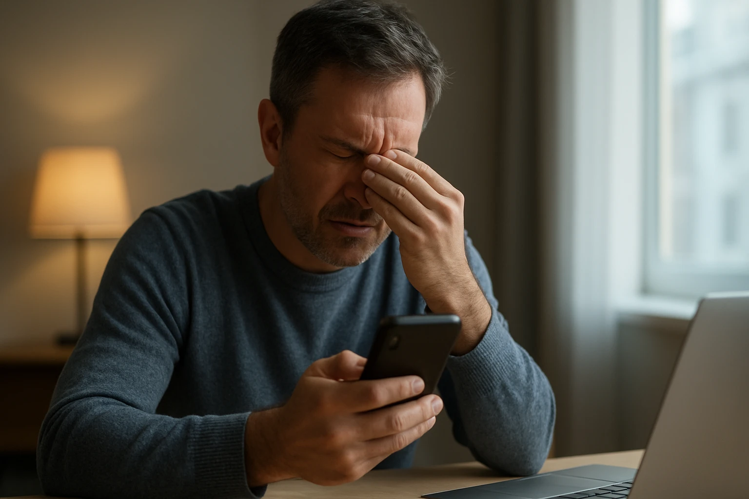 Muž so šedým sveterom sa cíti frustrovaný, drží mobil a zakrýva si oči.