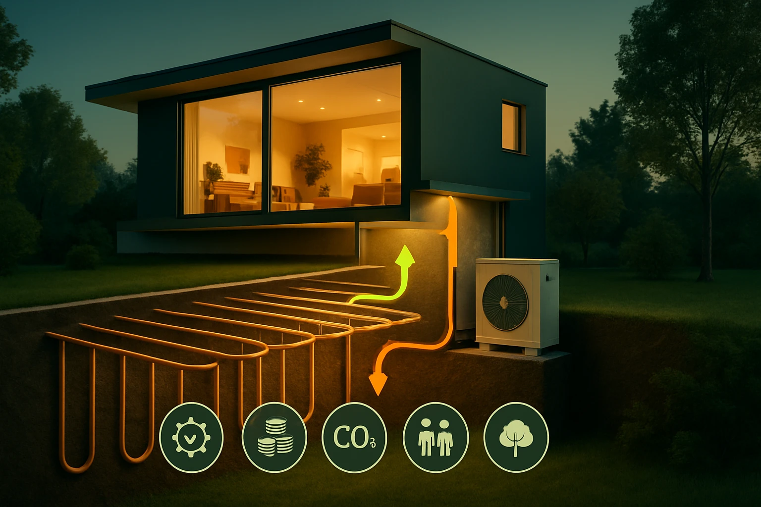 Moderný dom s geotermálnym systémom vykurovania a chladenia.