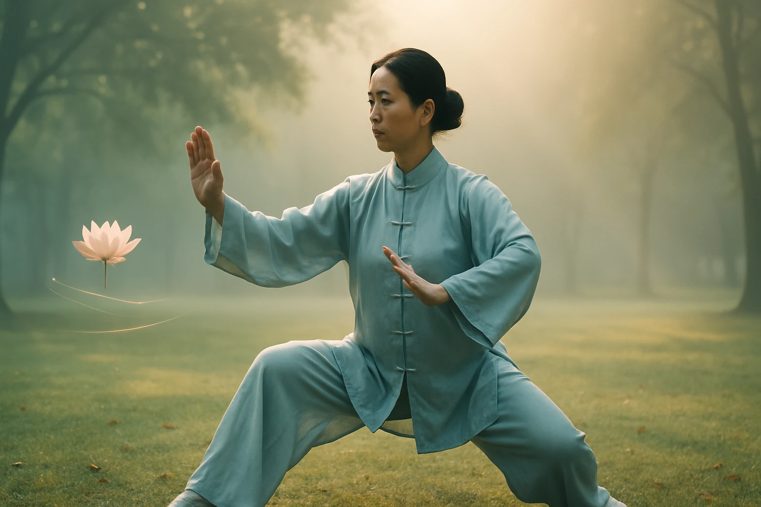 Žena v tradičnom oblečení cvičí tai chi v zahmlenom parku s lotosom pred ňou.