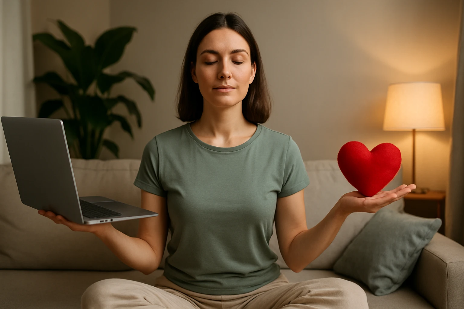 Žena sedí na pohovke s laptopom a červeným srdcom v ruke, zamyslená.