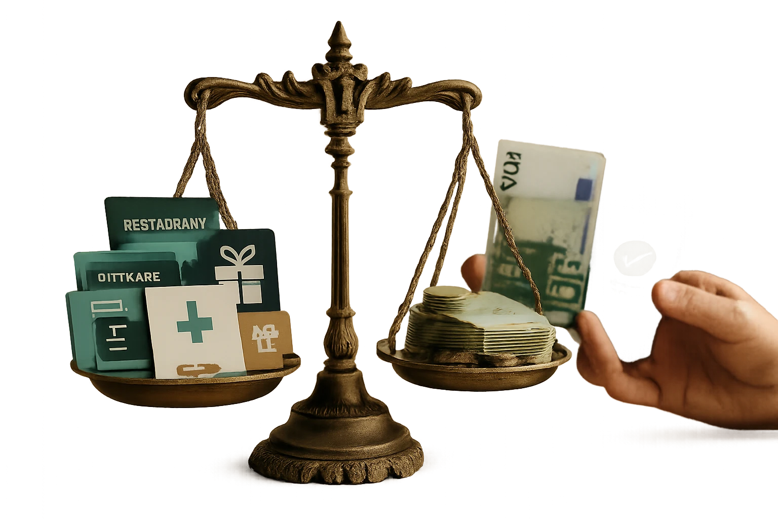 Na váhach sú zobrazené darčekové karty a hotovosť, symbolizujúce hodnotu a výber.