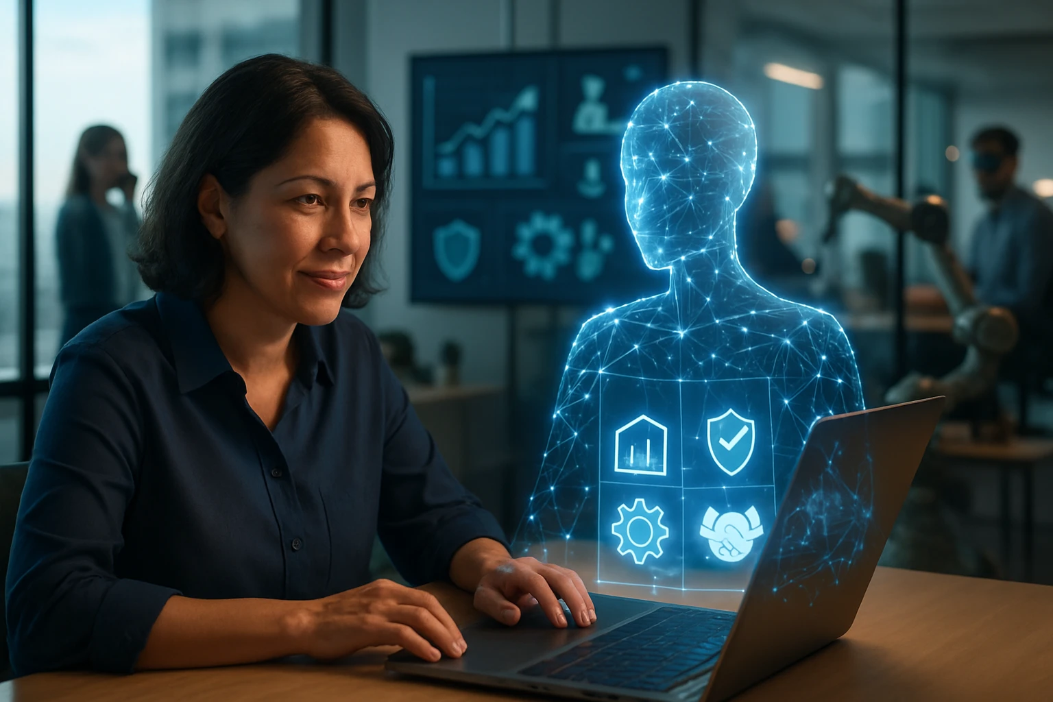 Žena pracuje na laptopu, vedľa nej hologram s ikonami technológie a analýzy.