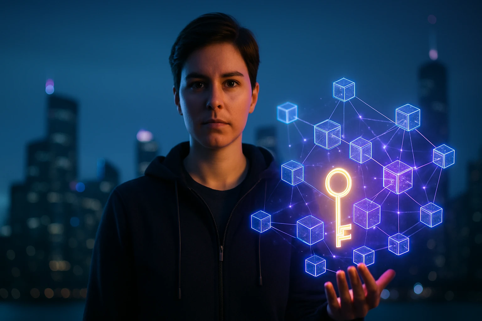 Osoba s krátkymi vlasmi drží holografický kľúč a bloky v noci.