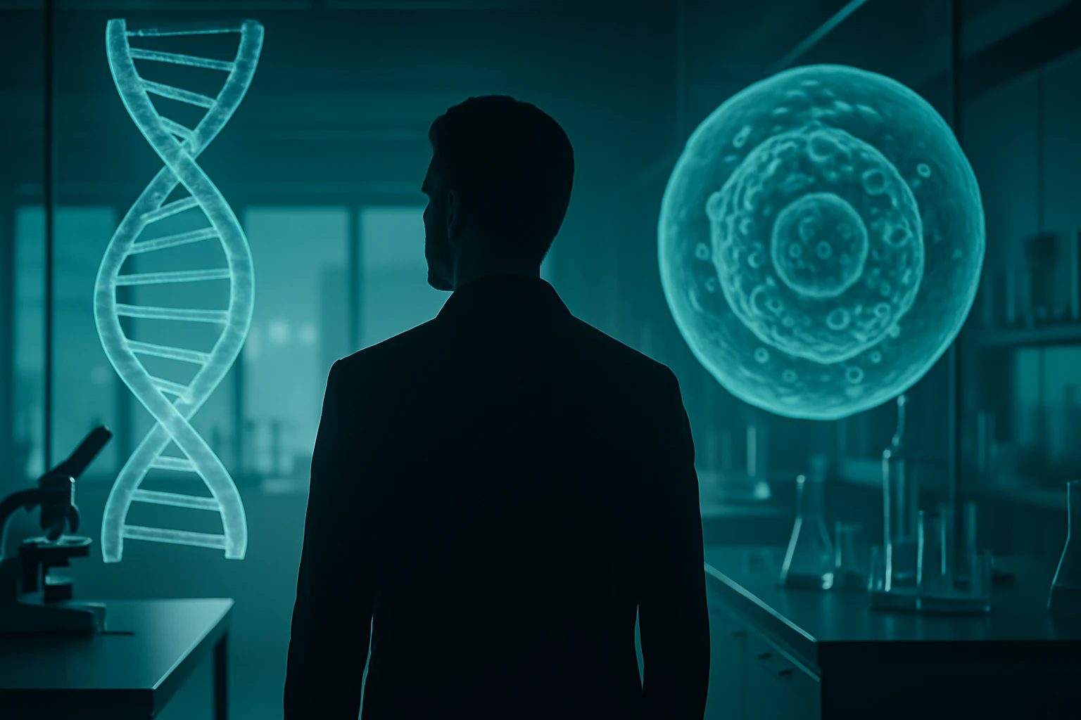Muž v obleku stojí pred hologramom DNA a bunky v laboratóriu.
