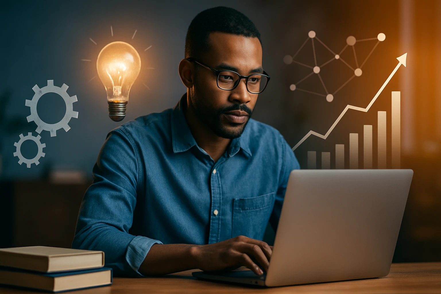 Muž pracuje na laptopu, okolo neho sú grafy a žiarovka symbolizujúca nápady.