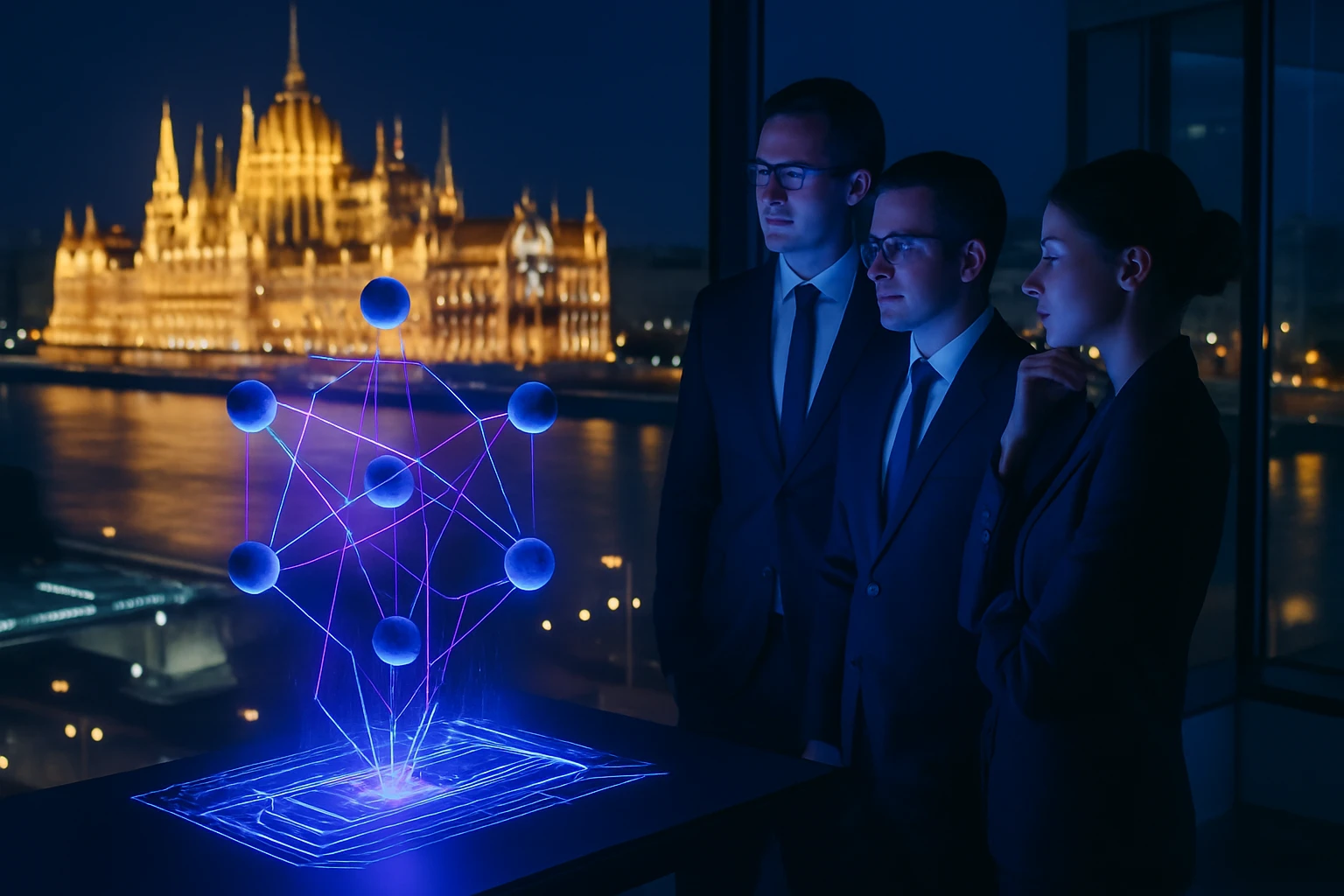 Skupina profesionálov sleduje holografickú prezentáciu v noci.