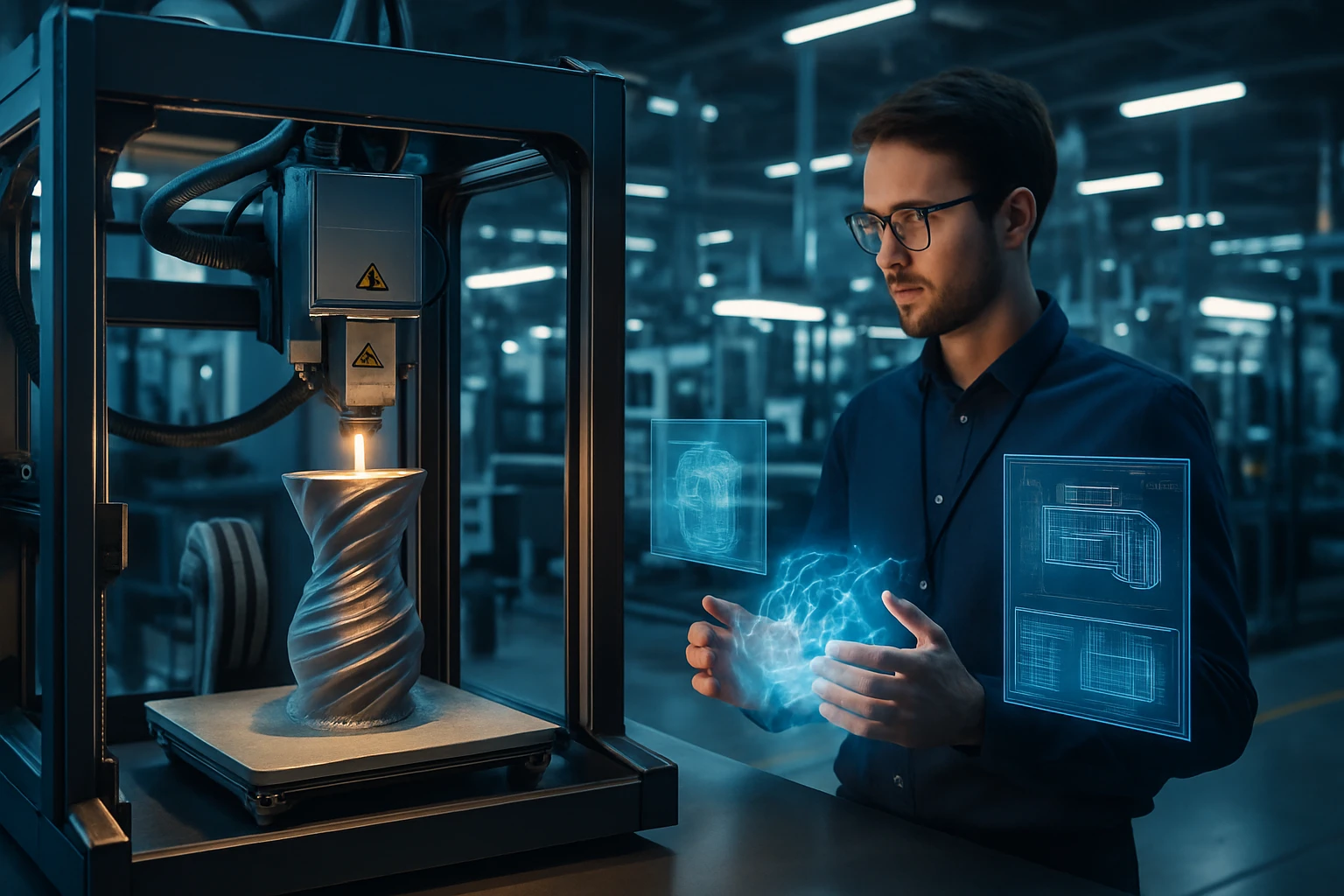 Muž pracuje s 3D tlačiarňou, ktorá vytvára špirálový objekt.