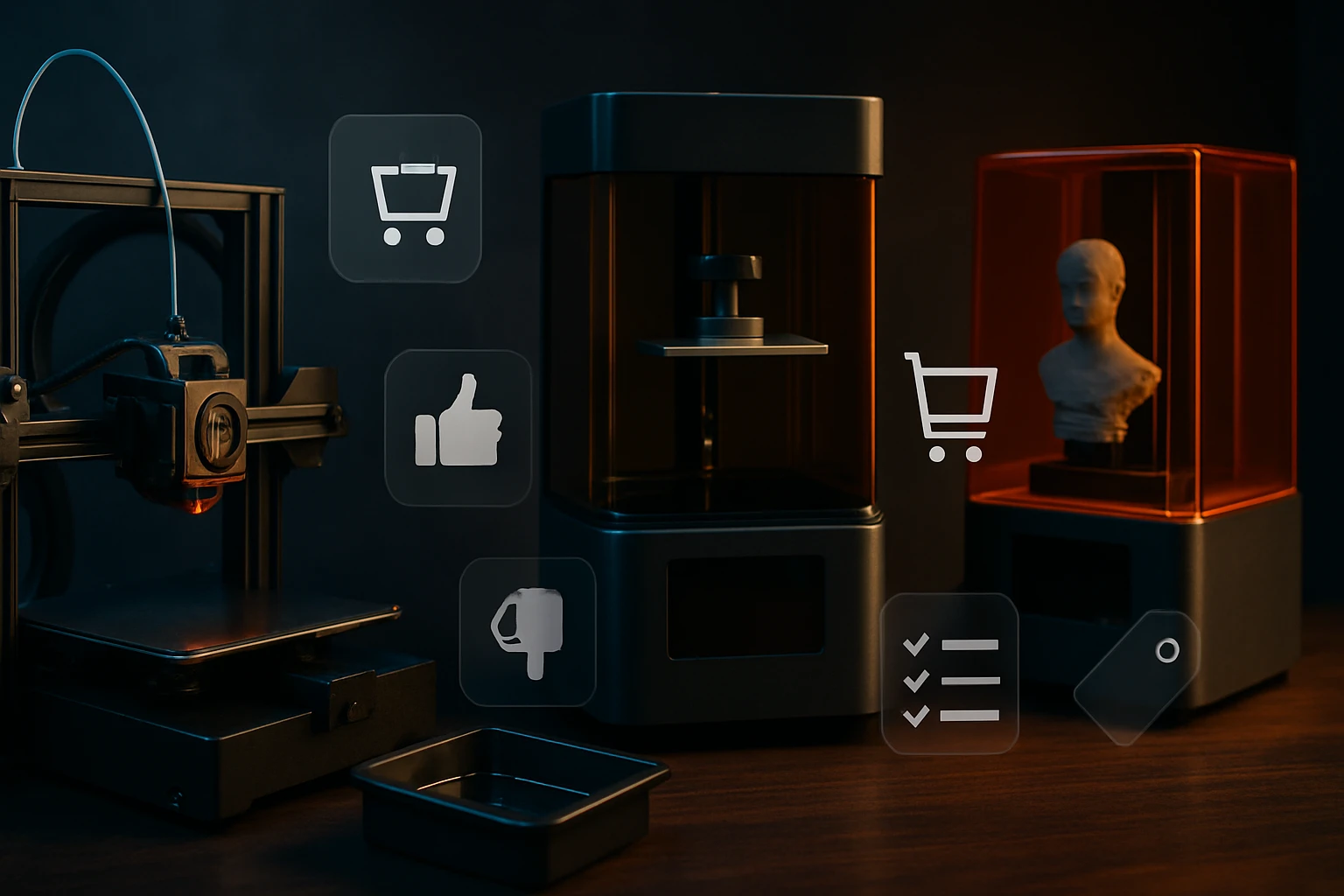 Dva 3D tlačiarne a digitálne ikony na tmavom pozadí.