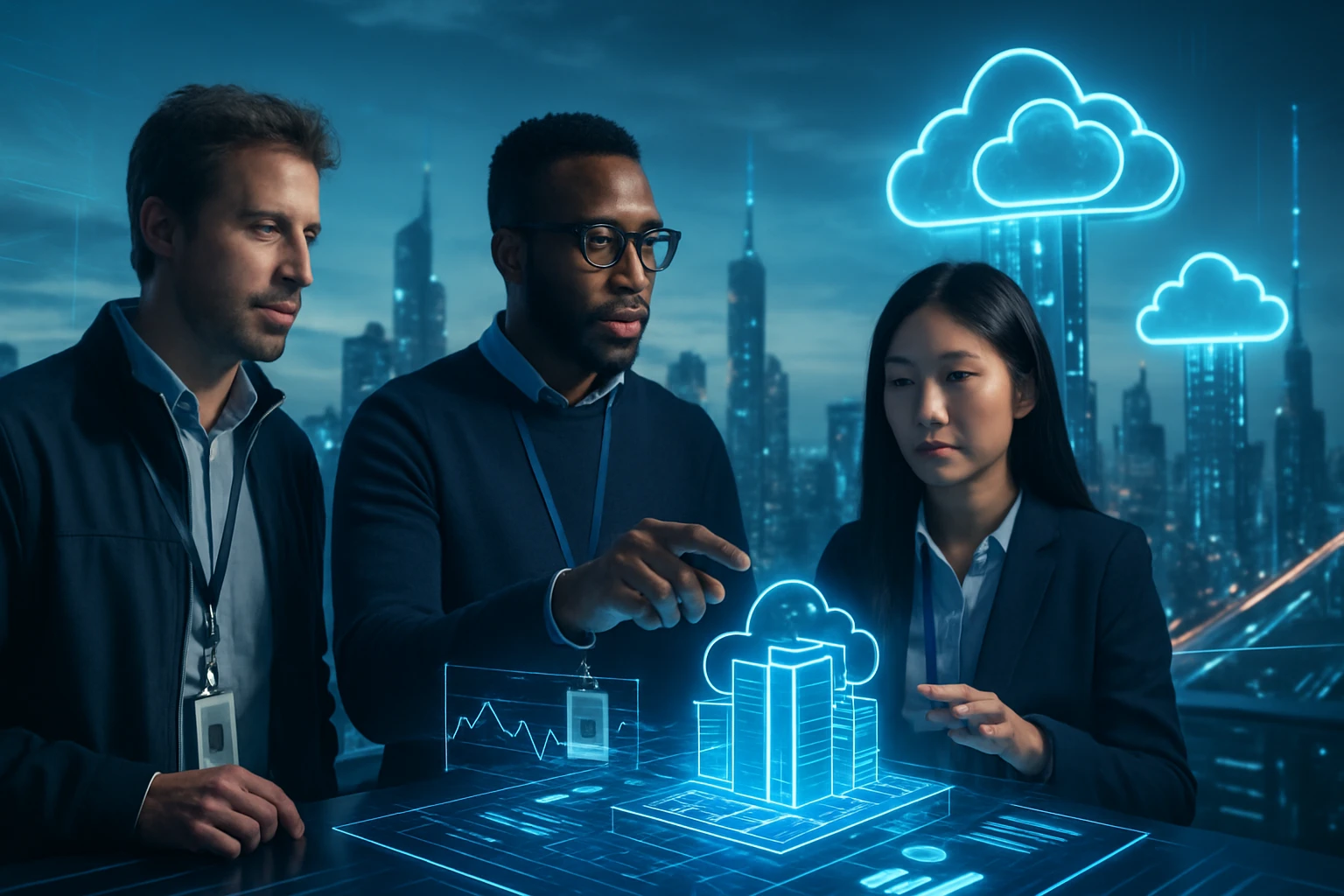 Trojica profesionálov diskutuje o cloudových technológiách s holografickým zobrazením budovy.