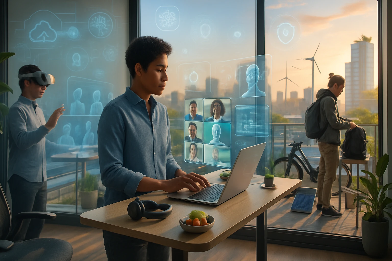 Mladý muž pracuje na laptopu, virtuálne postavy sú zobrazené na okne.