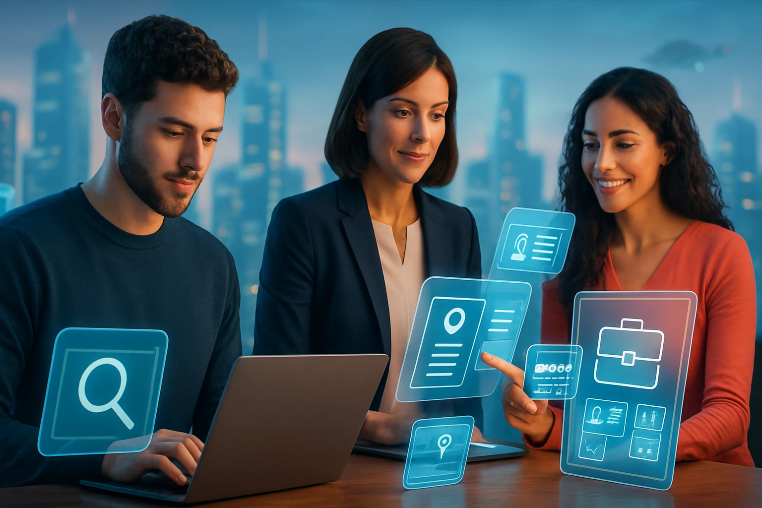 Traja profesionáli pracujú na laptopoch, obklopení holografickými ikonami technológie.