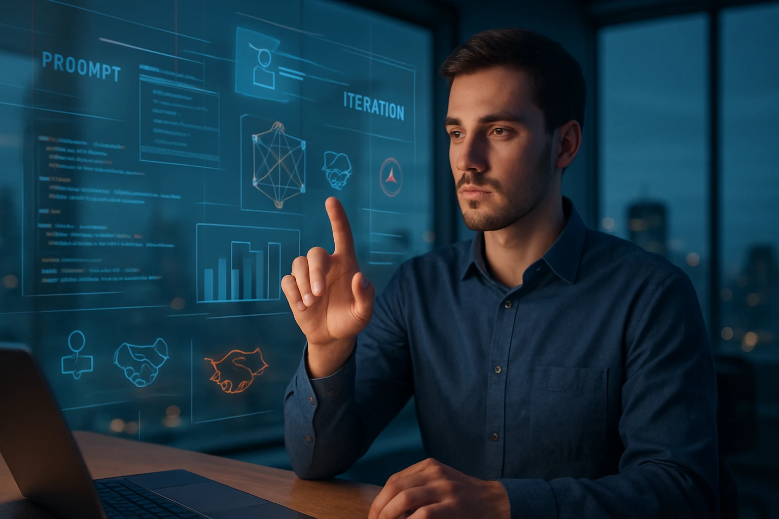 Muž pracuje na počítači, interaguje s holografickým rozhraním v kancelárii.