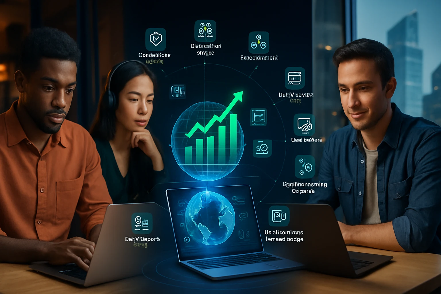 Dva ľudia pracujú na laptopoch, pred nimi sa zobrazuje rastúci graf a globus.