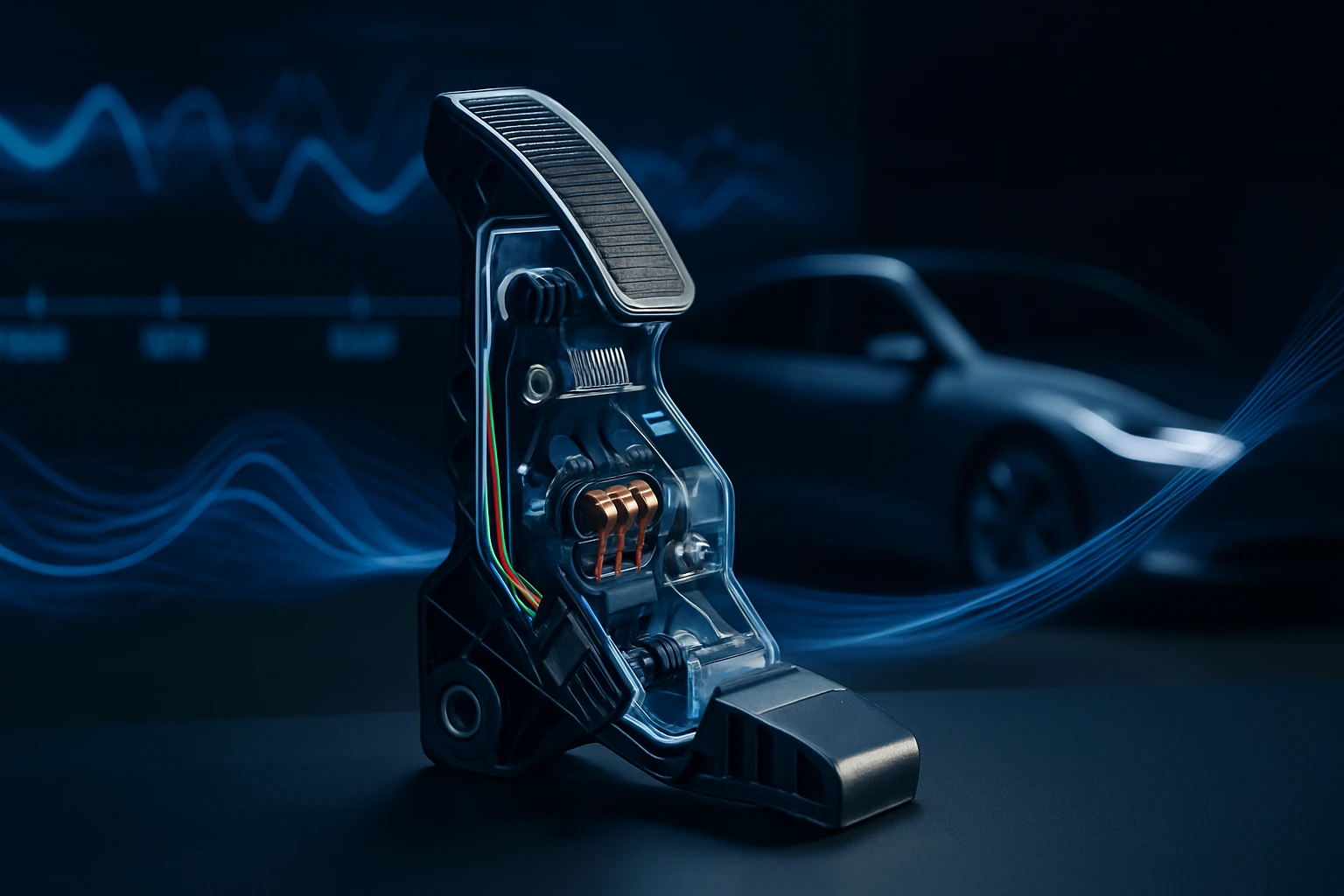 Detailný pohľad na moderný pedál s elektrickými komponentmi a vodičmi.