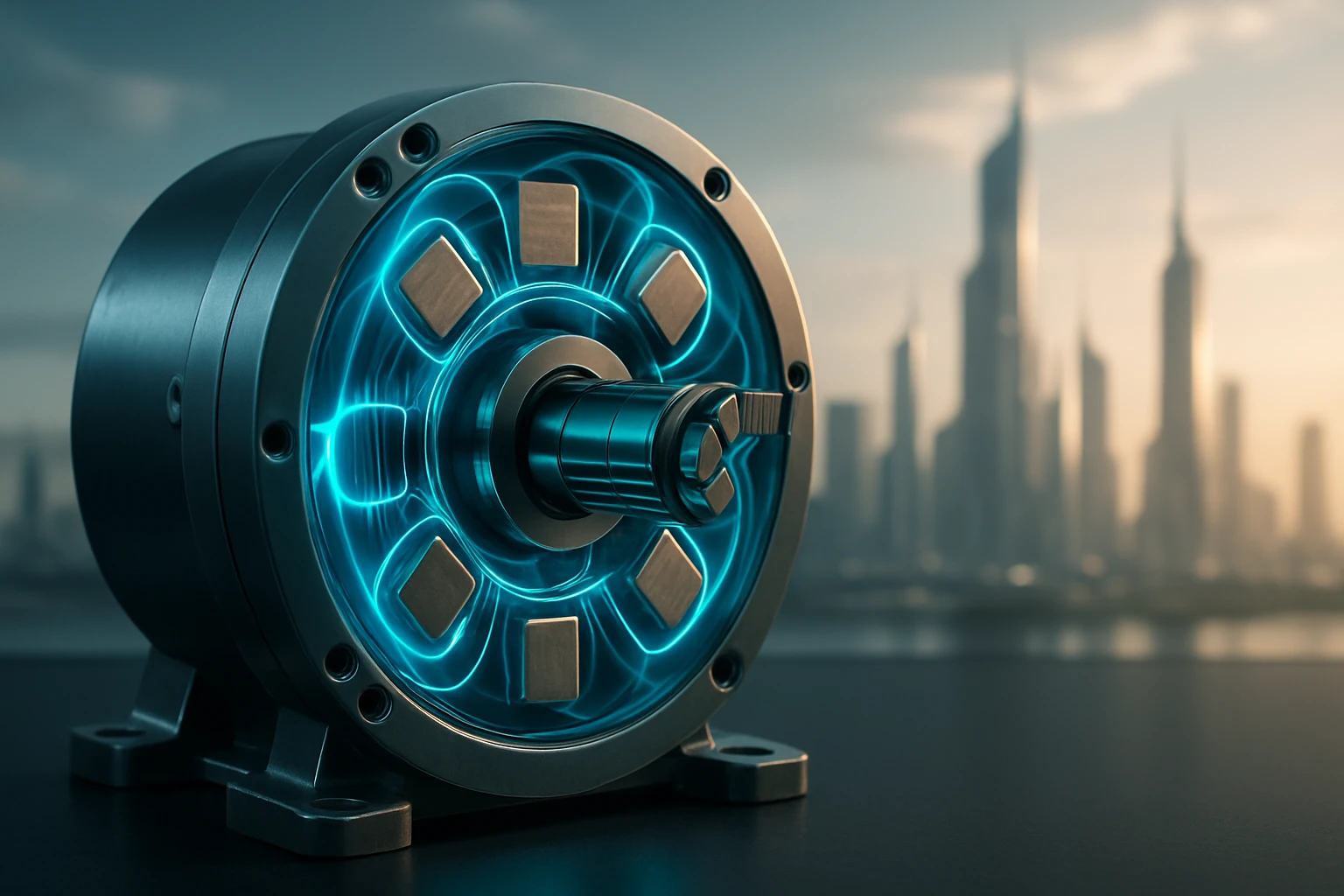 Detailný pohľad na moderný elektromotor s modrým osvetlením a mestským pozadím.