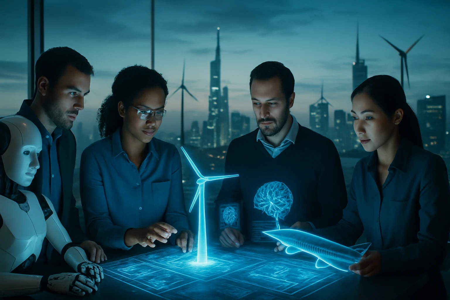 Skupina odborníkov analyzuje holografické modely veterných turbín a inovácií.