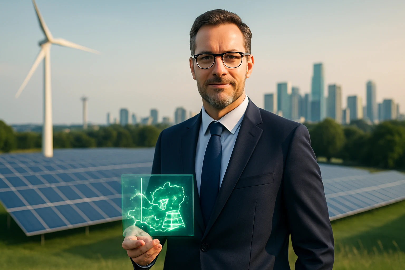 Muž v obleku drží holografický model elektrárne pred solárnymi panelmi.