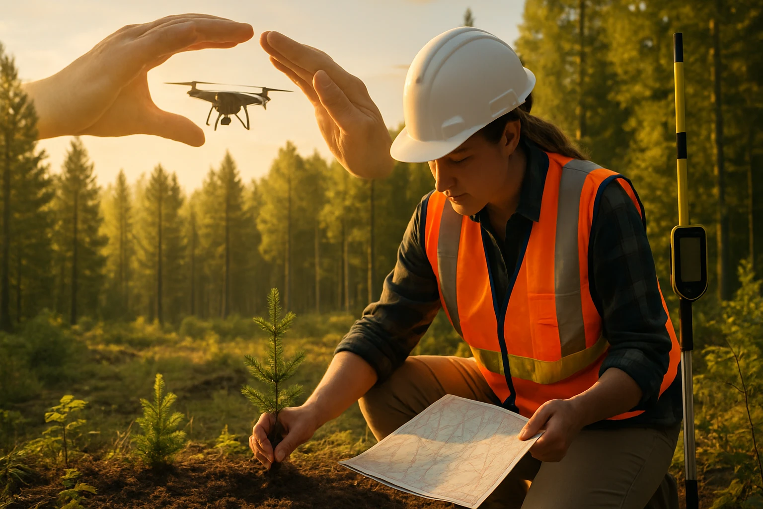 Žena v bezpečnostnej veste sadí strom v lese, zatiaľ čo dron lieta nad ňou.