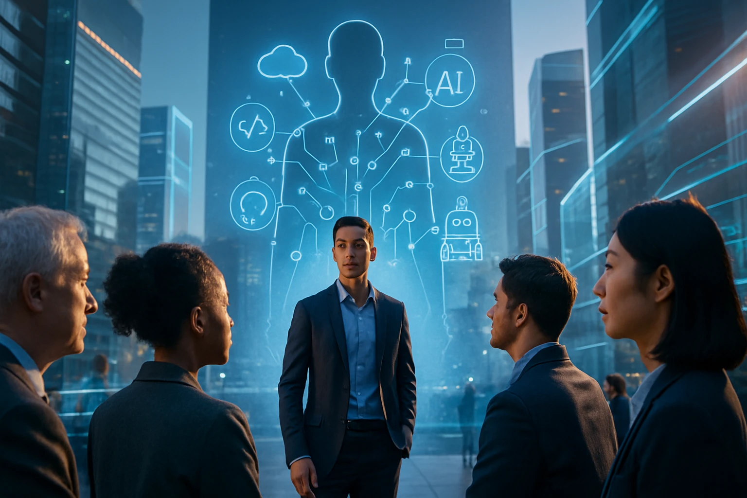 Skupina profesionálov diskutuje o technológiai inovácii pred digitálnym zobrazením AI.