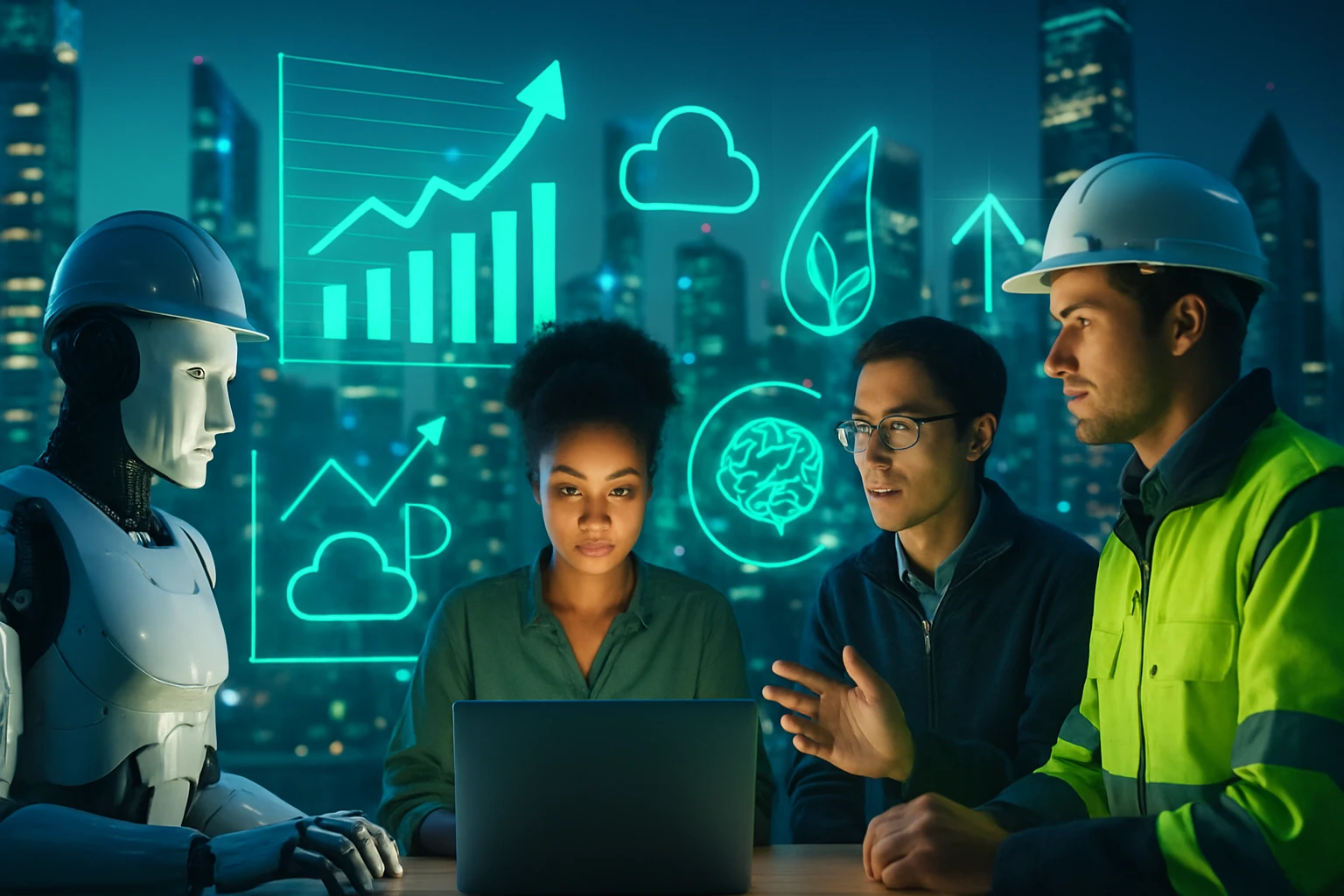 Skupina profesionálov diskutuje o technológiach a dátach s robotom.