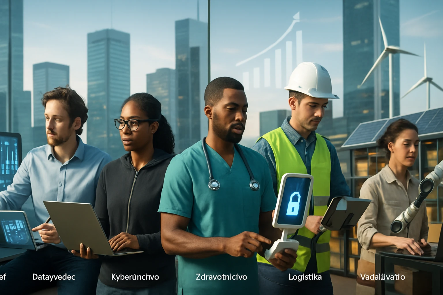 Skupina profesionálov z rôznych oblastí pracuje na technológiach v modernom mestskom prostredí.