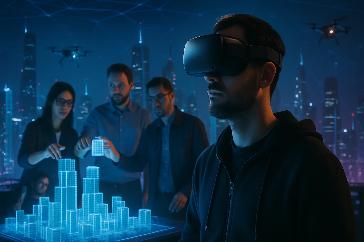 Skupina ľudí pracuje s holografickými modelmi v prostredí virtuálnej reality.