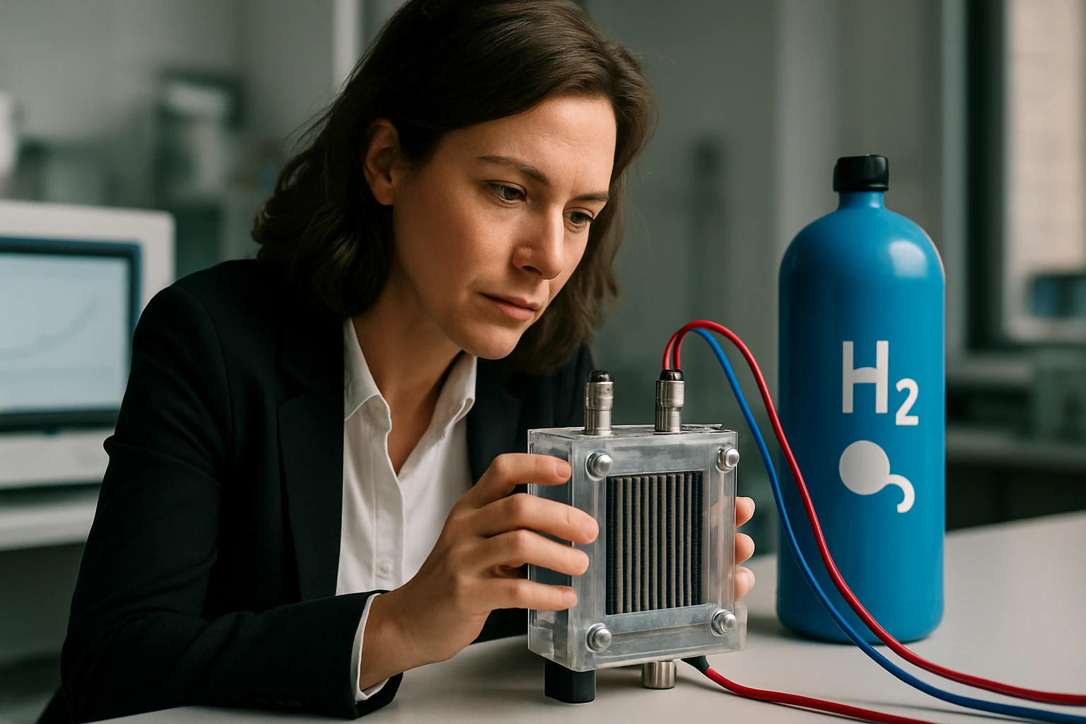 Žena v obleku skúma palivový článok s pripojenými káblami a fľašou vodíka.