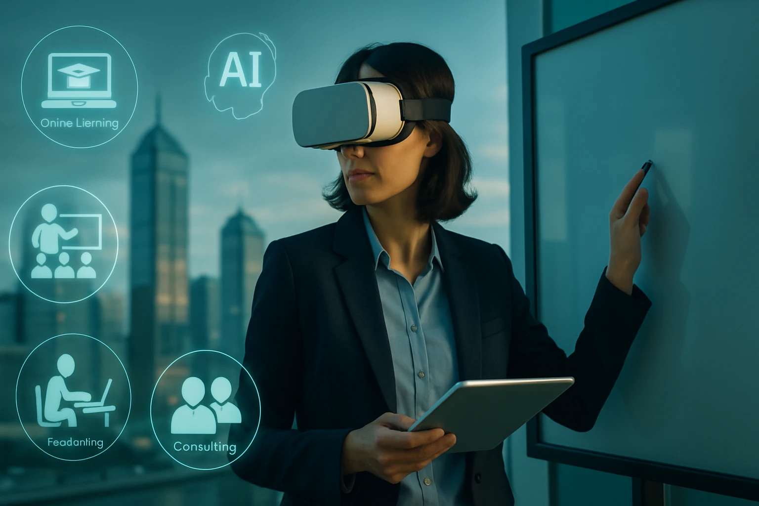 Žena v obleku s VR okuliarmi a tabletom, píše na tabuľu v kancelárii.