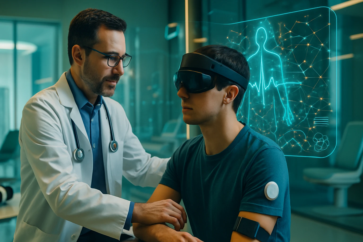Lekár konzultál egy fiatal férfival, aki virtuális valóság szemüveget visel.