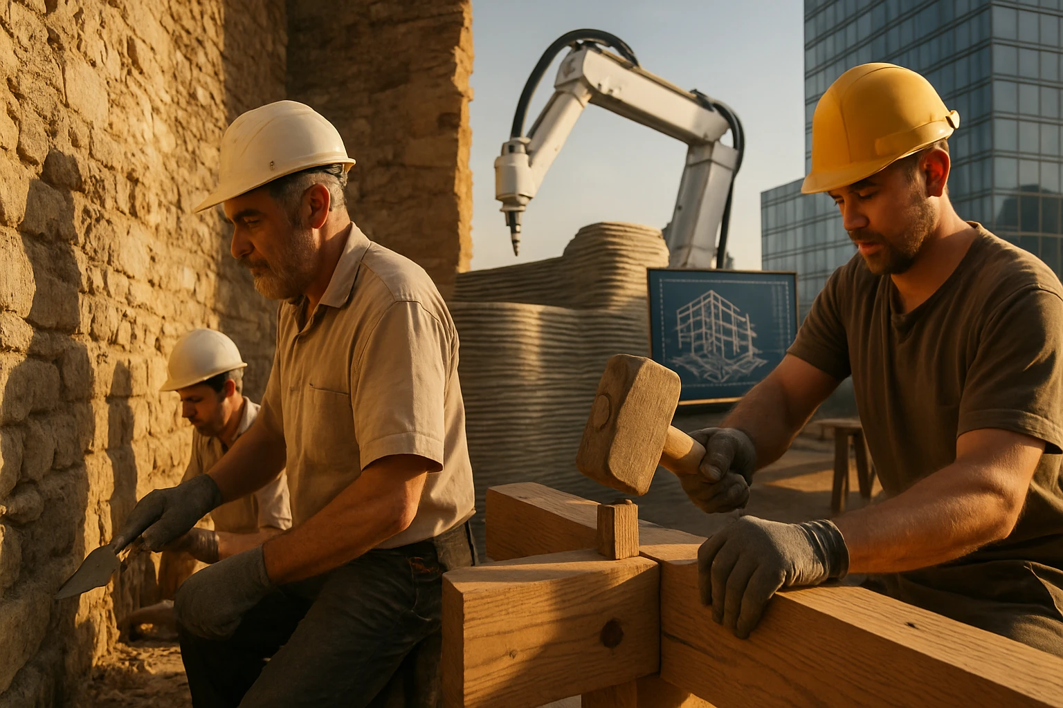 Dva muži pracujú na stavbe, jeden s kladivom, druhý s náradím, v pozadí robotická technológia.