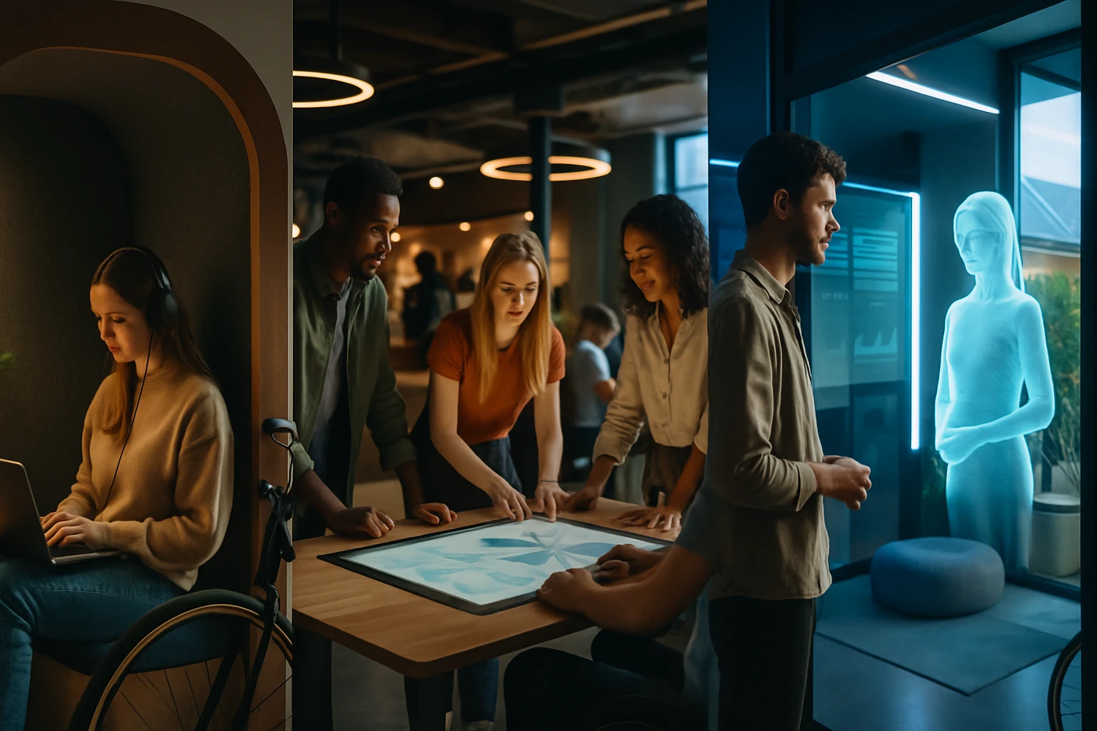 Skupina mladých ľudí spolupracuje na digitálnom projekte v modernom prostredí.