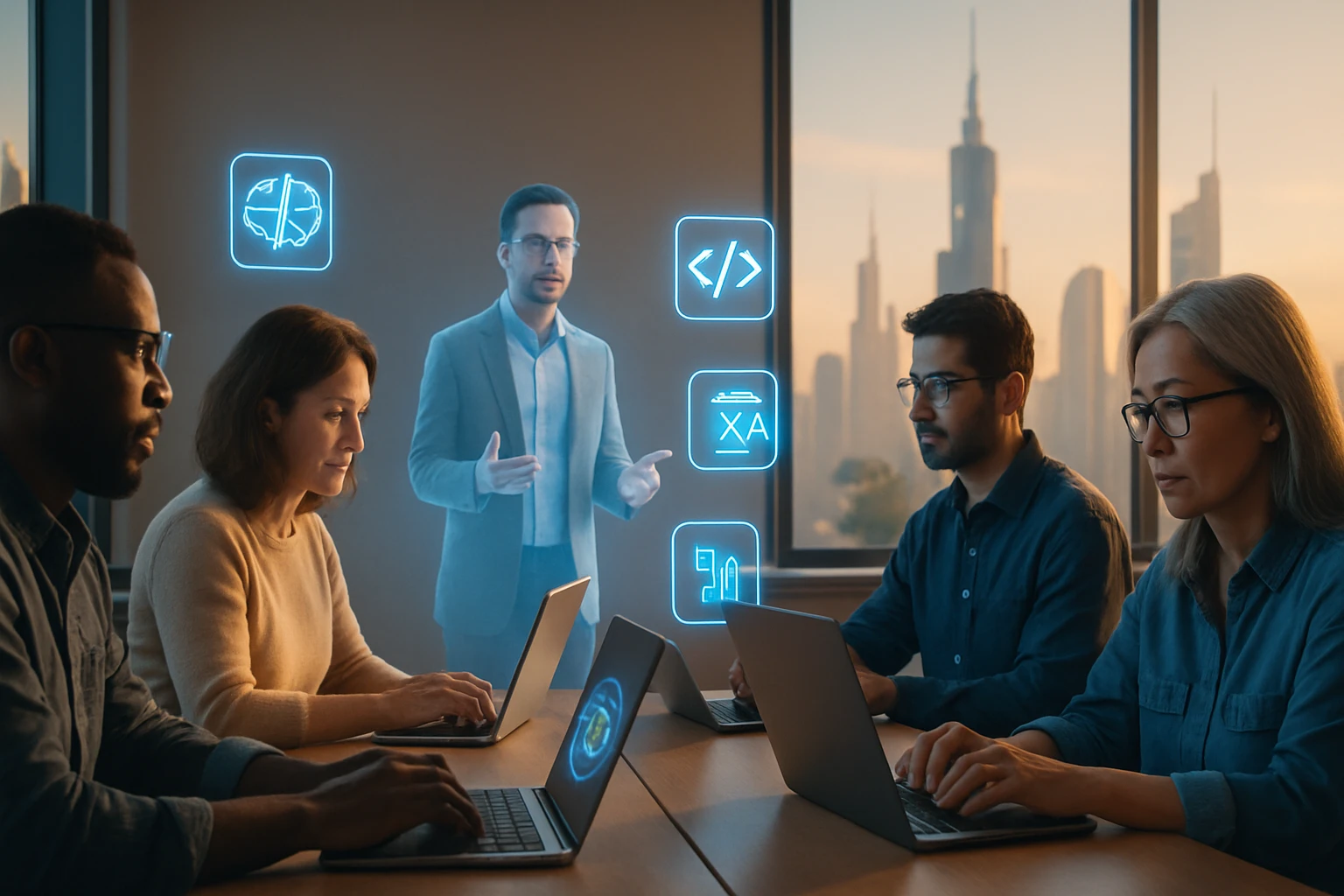 Skupina profesionálov pracuje na laptopoch, holografický prezentátor magyaráz.