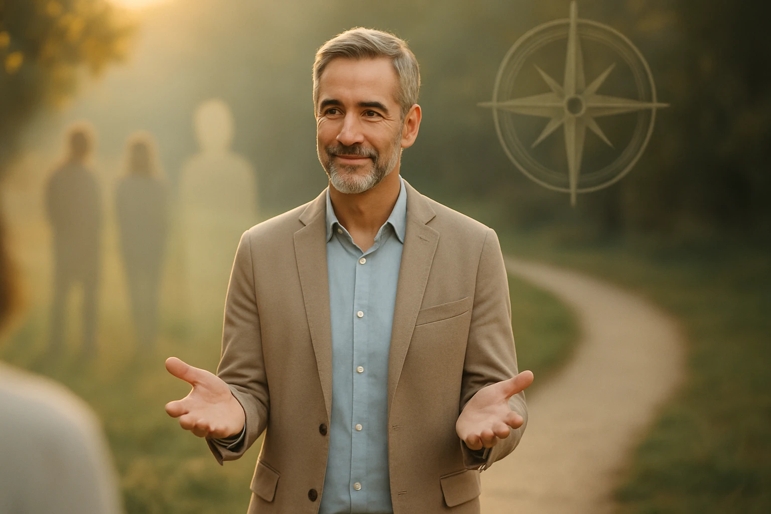 Muž v obleku s šedými vlasmi a bradou, rozpráva na ceste v prírode.