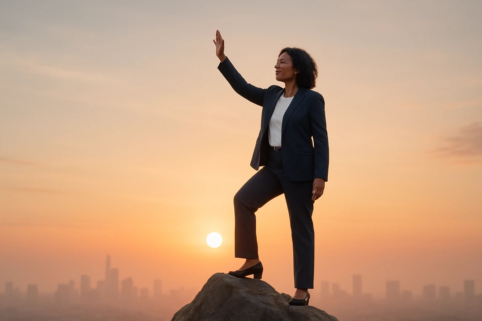Žena v obleku stojí na skale a zdvíha ruku k západu slnka.