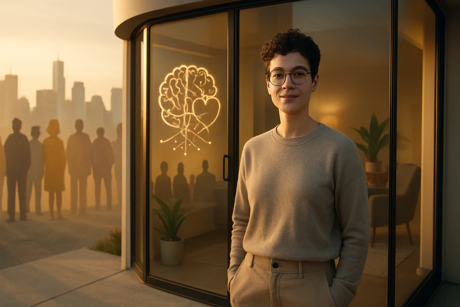 Osoba s okuliarmi stojí pred sklenenou stenou s náznakom mozgu a srdca.