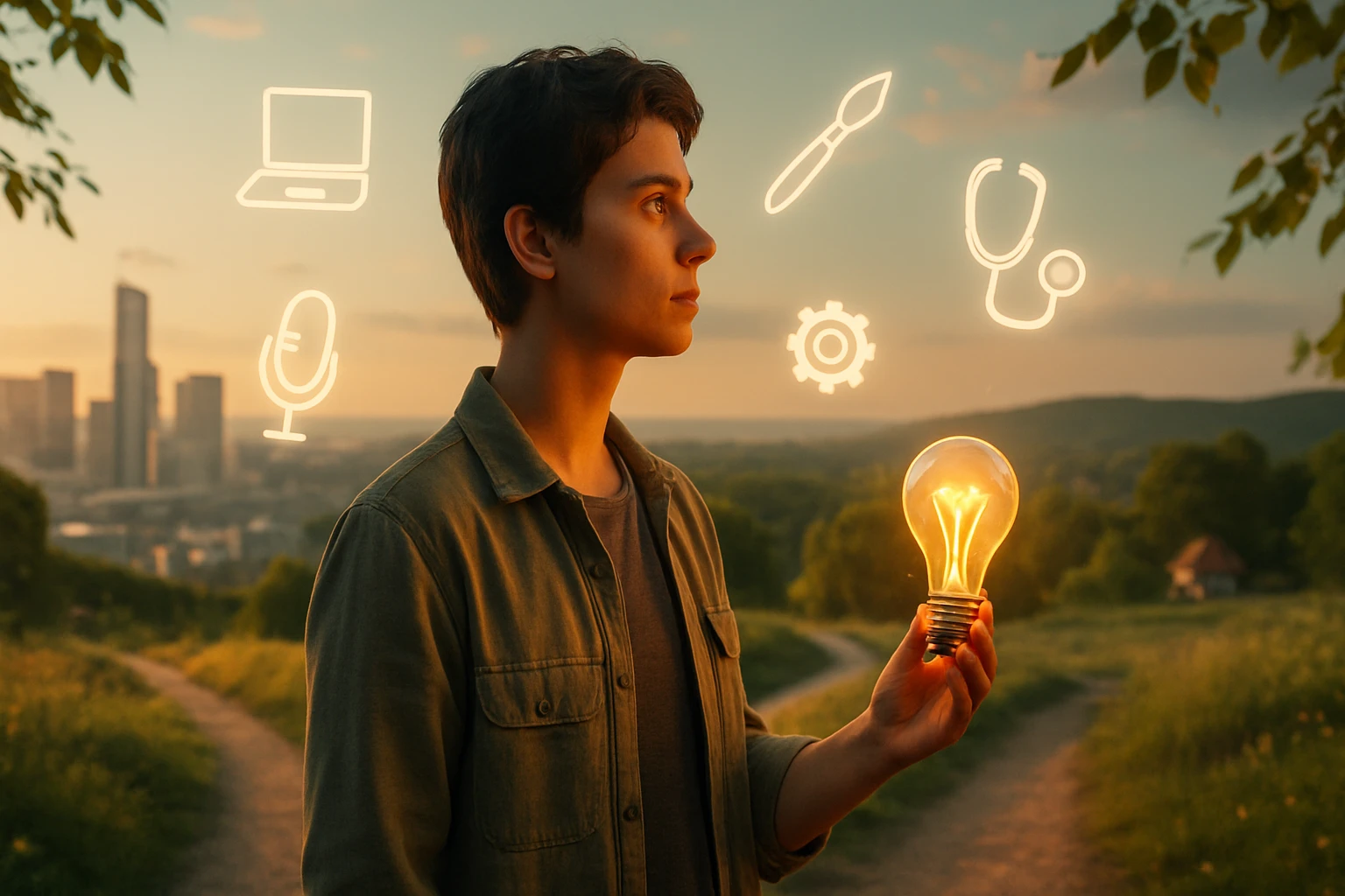 Mladý muž drží žiarovku, okolo neho sú symboly technológie a kreativity.